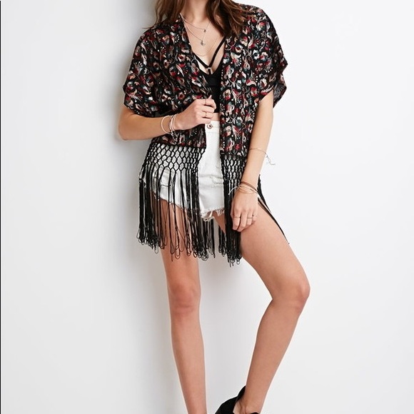 Fringed Floral-Embroidered Kimono - Picture 1 of 10